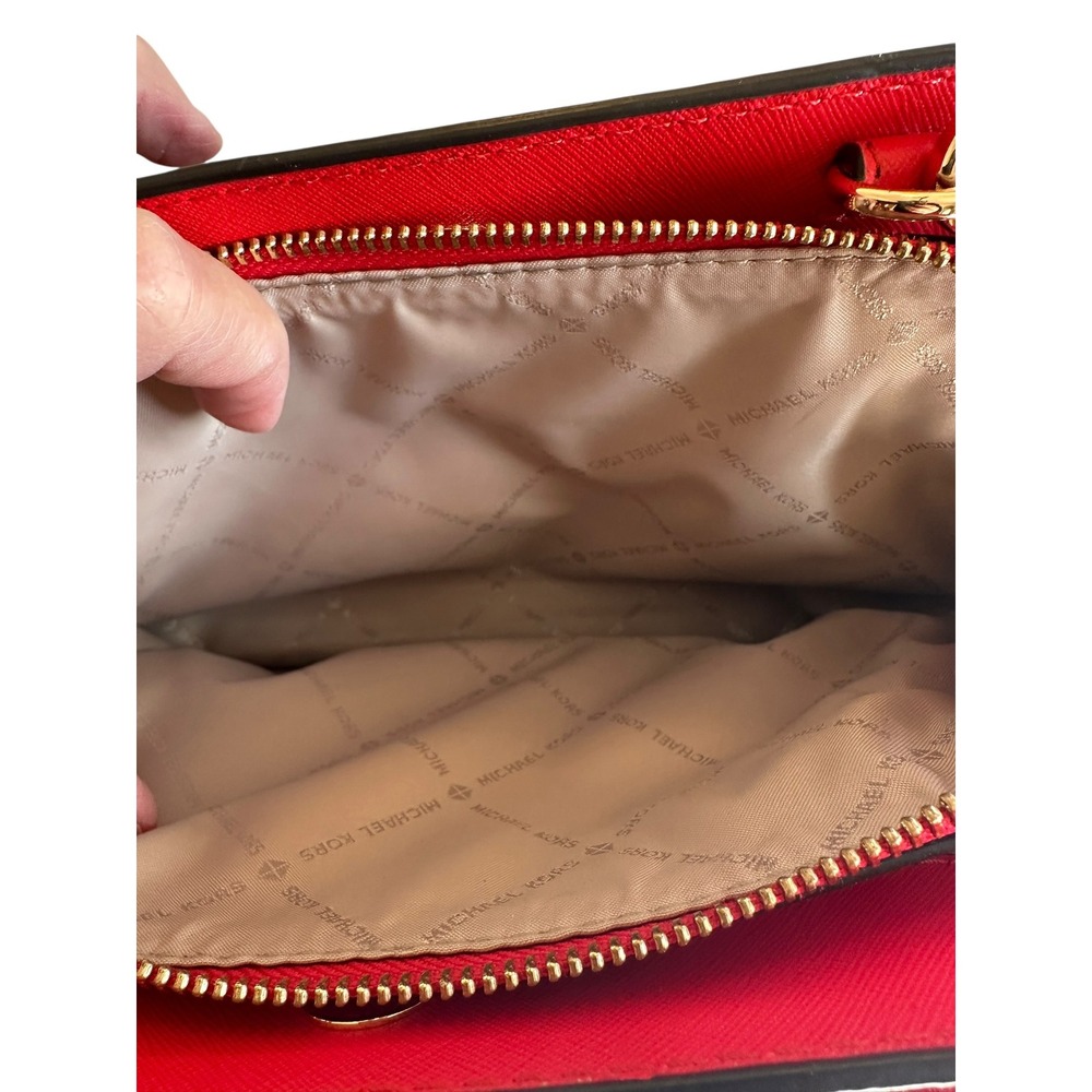 Michael‎ Kors Signature Monogram Dome Satchel Crossbody Bag Red Leather Trim - Picture 5 of 8